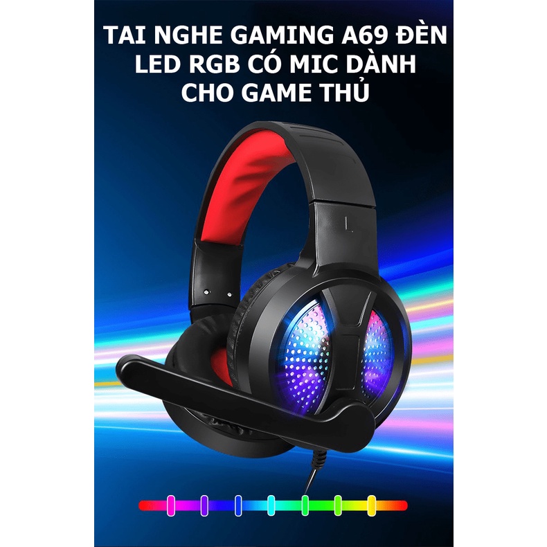 Tai nghe chụp tai A69 chuyên dụng mic thoại tốt, âm thanh trầm, đèn led đẹp Jack 3.5