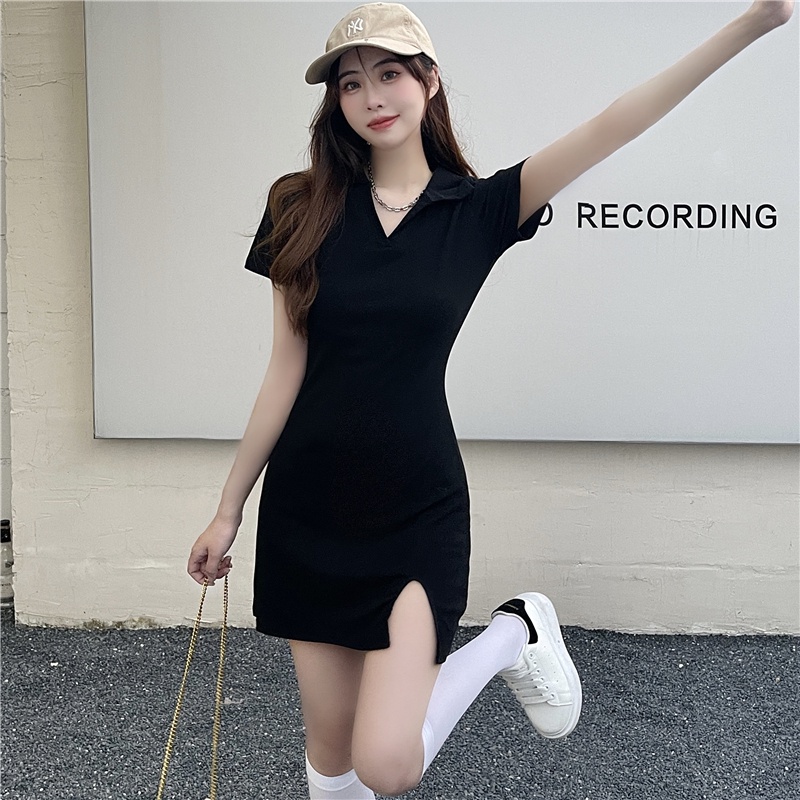 Đầm mini SUXI cổ chữ V màu đen trơn quyến rũ hợp thời trang hè