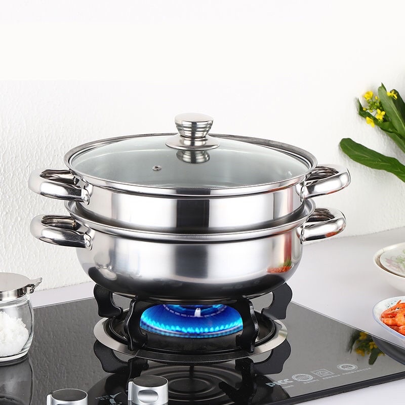 Nồi Hấp Inox 2 Tầng Size 28cm Nắp Thuỷ Tinh Cao Cấp, Nồi Lẩu Kiêm Nồi Hấp Dùng Được Bếp Gas Và Bếp Từ