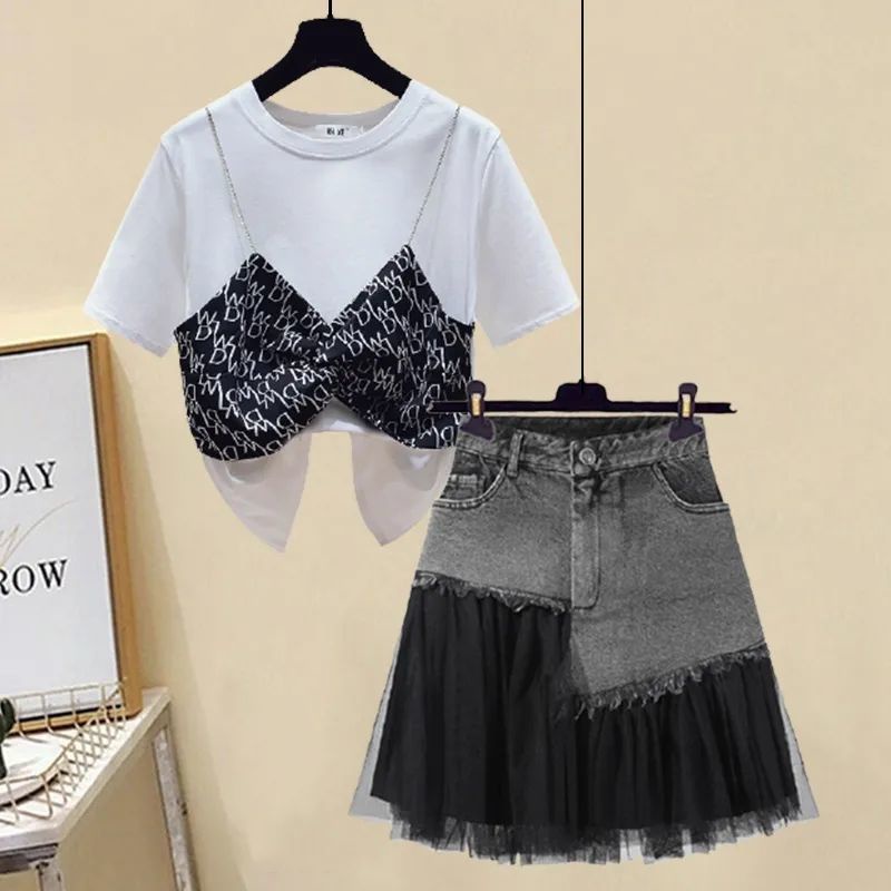 Set áo ngắn tay kèm yếm dây và chân váy denim lưng cao thời trang mùa hè cho nữ