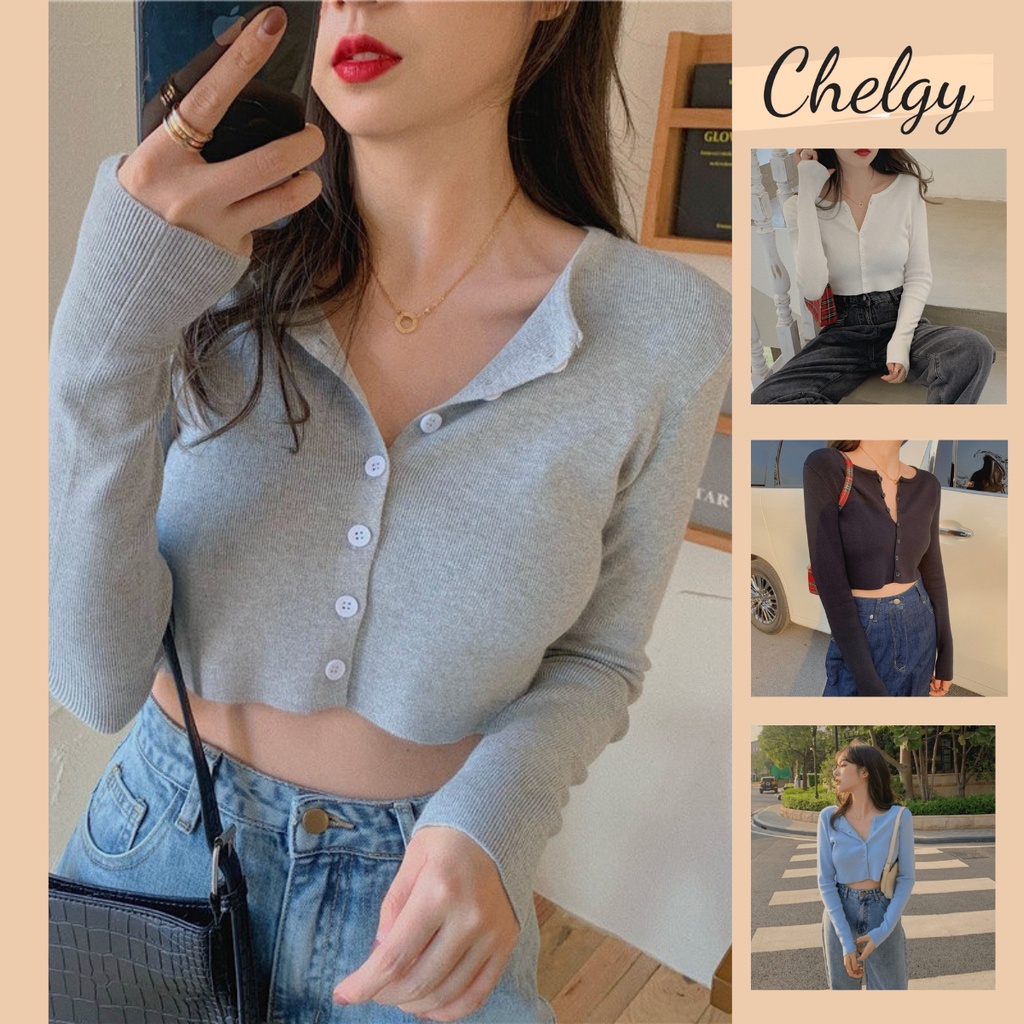 Áo croptop nữ dài tay Chelgy freesize thun len tăm co giãn cổ chữ V Ulzzang mùa thu đông CG-CDG01