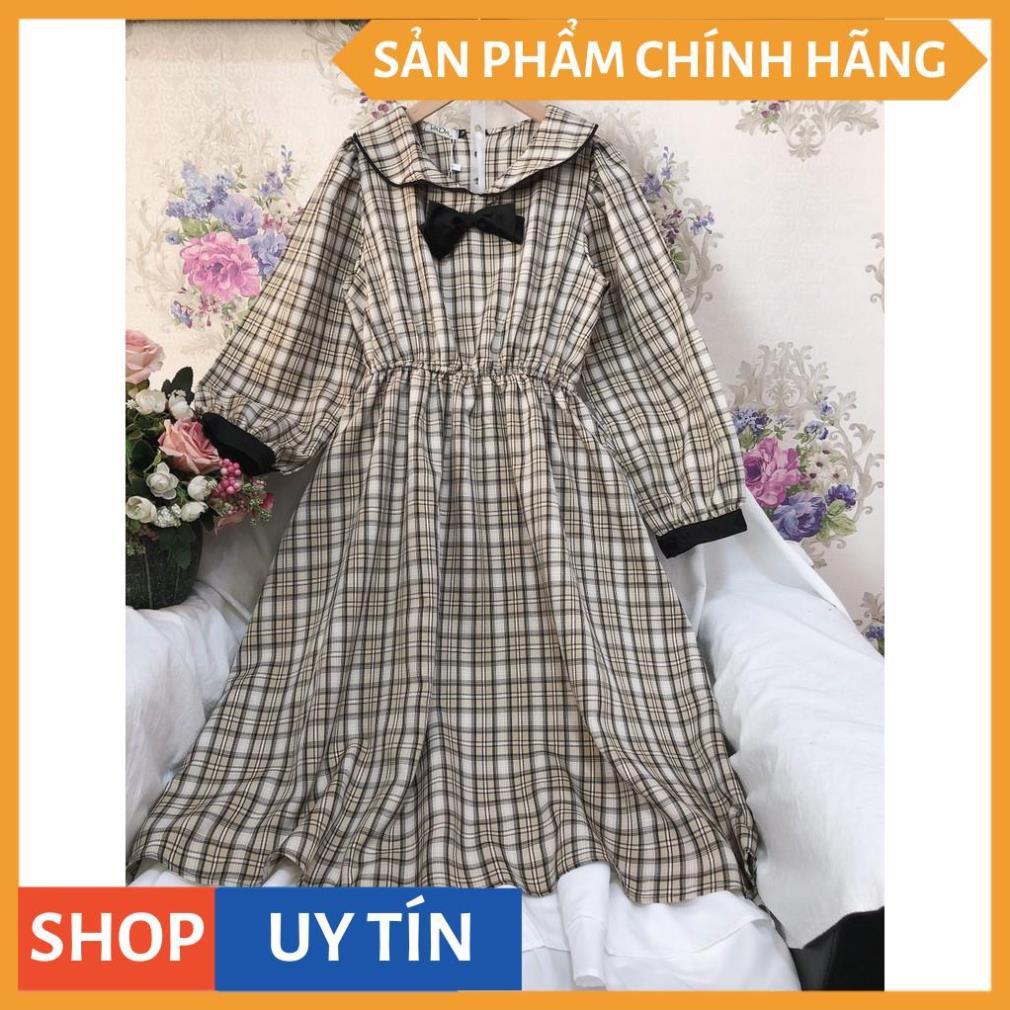 Đầm xòe caro tay dài, cổ nơ kiểu tiểu thư xinh yêu dễ thương, dự tiệc cưới đi chơi bao đẹp, hàng cao cấp tại VADA - V08 | BigBuy360 - bigbuy360.vn