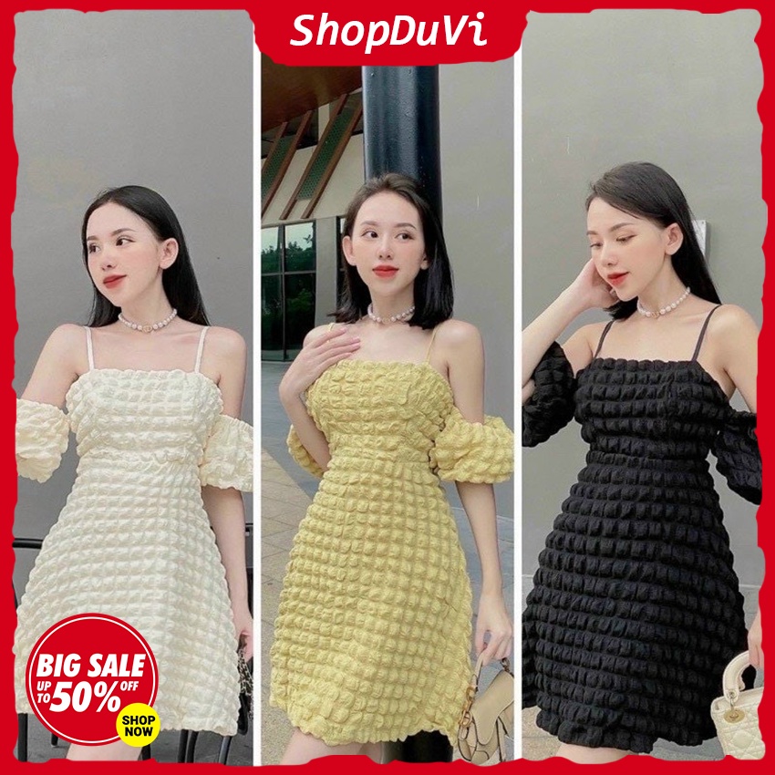 Đầm Nữ , Đần 2s Rớt Vai Tay Bồng Cup Ngực From Chữ A Kiểu Dáng Babydoll Hàng Thiết Kế Chuẩn Xốp