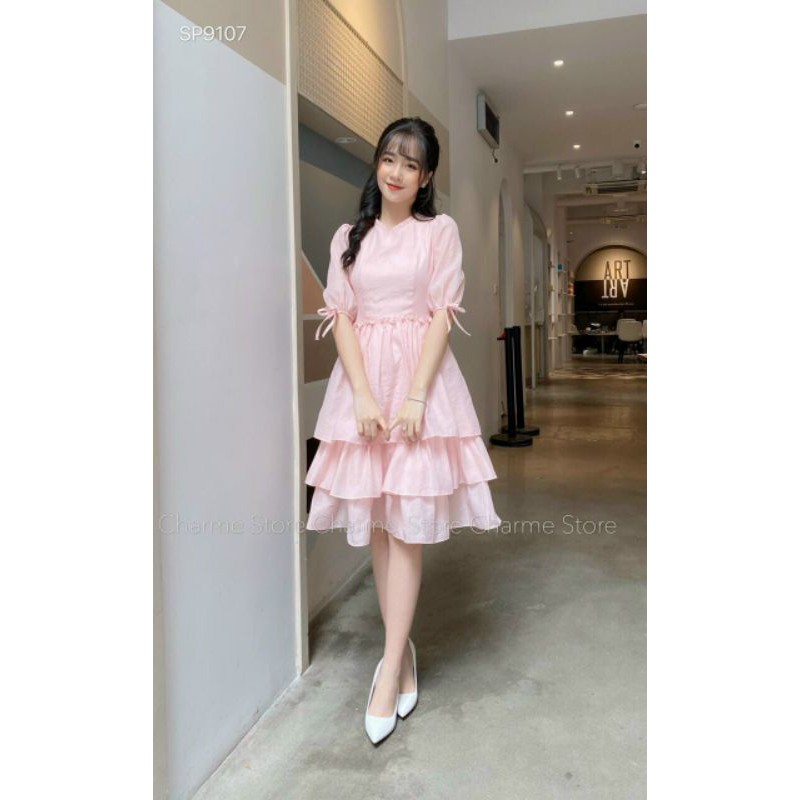 Đầm xòe ba tầng tay lỡ kết nơ thanh lịch