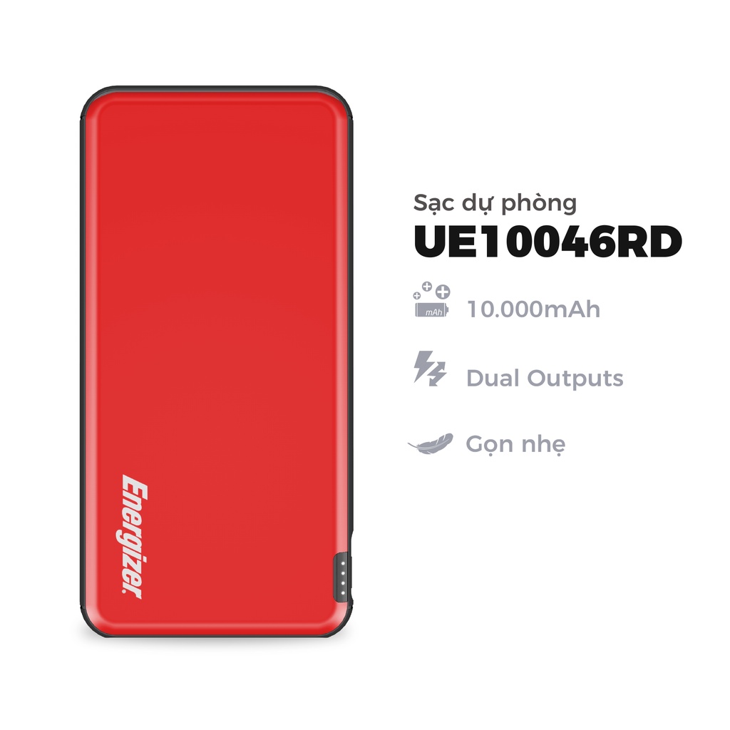 Pin dự phòng Energizer Chiến Binh II 10000mAh UE10046 - thiết kế gọn nhẹ, tích hợp 2 cổng output tiện lợi