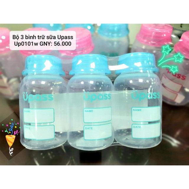 (Made in Thailand) Bộ 3 bình trữa sữa cổ hẹp 125ml UPASS UP0101W (Màu Xanh)