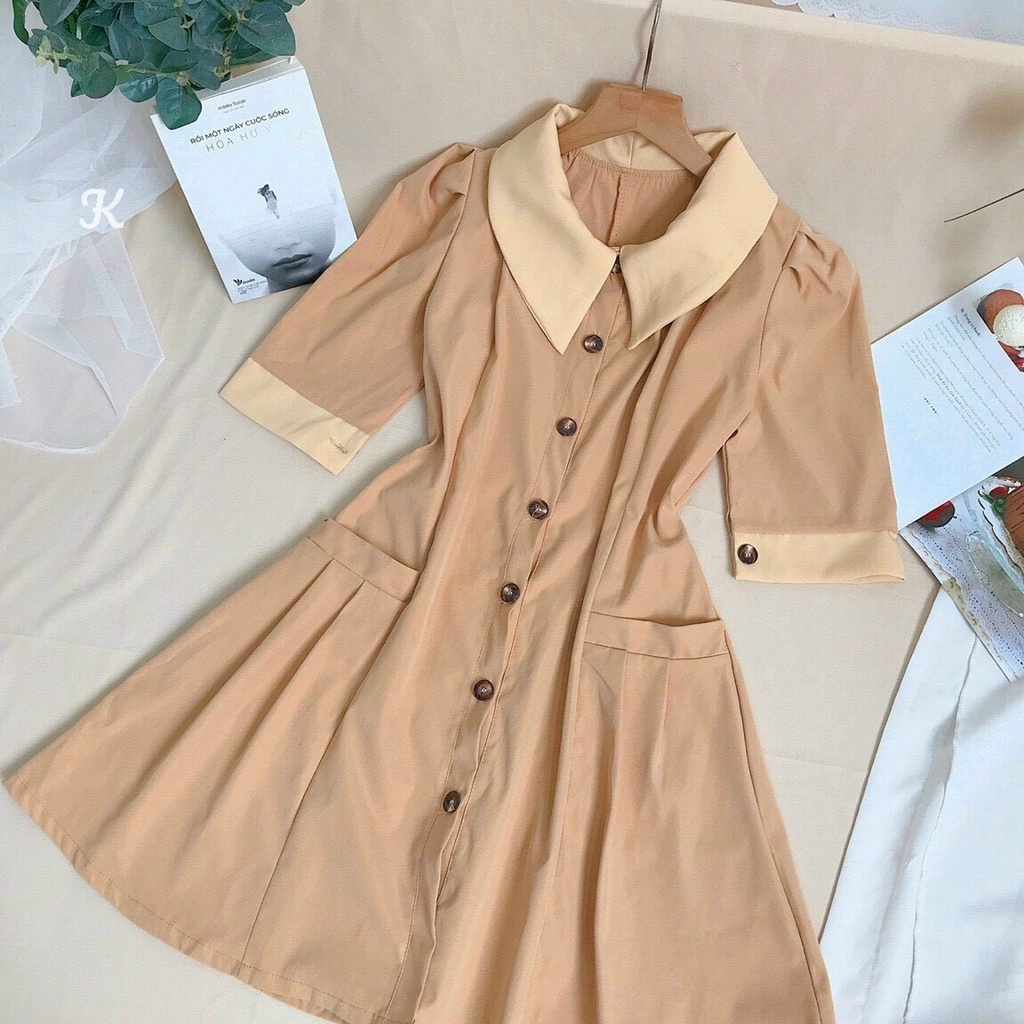 Đầm Chữ A Cổ Sen Cài Nút Nữ Tính Màu Nâu Nhạt Chít Eo Mặc Đi Làm, Đi Tiệc Cực Xinh Thời Trang Nữ Minh Phúc
