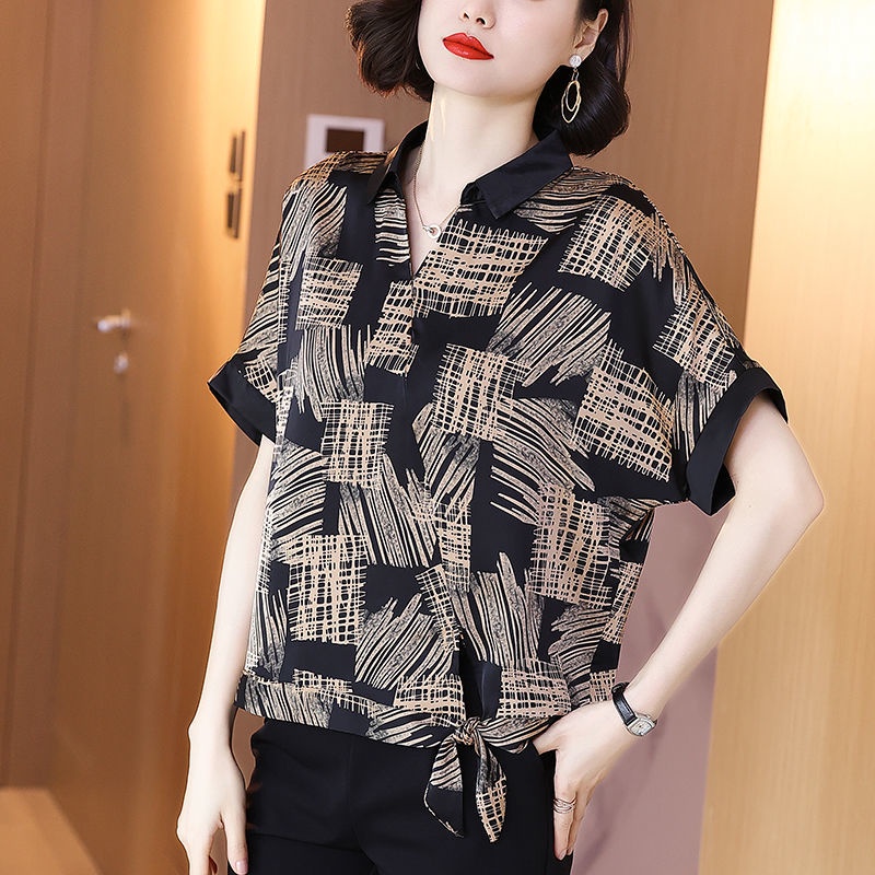 Áo chiffon tay ngắn dáng rộng thời trang dành cho phụ nữ trung niên
