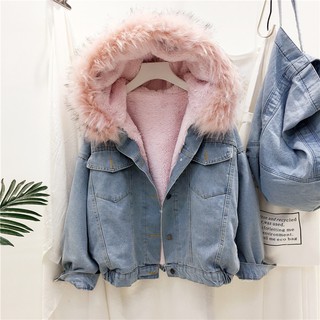 (ảnh thật) áo bò jean nữ oversize cao cấp chất vải mềm lót lông cừu mũ lông dày đẹp
