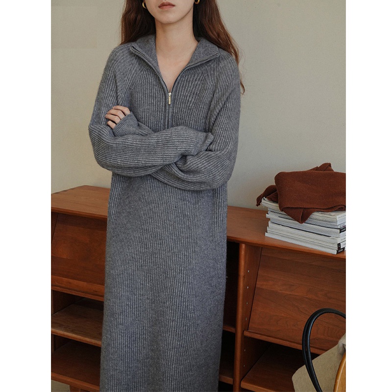 Đầm Dệt Kim Tay Dài Dáng Rộng Cổ POLO Dễ Phối Đồ