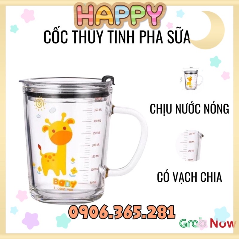 Ly Thuỷ Tinh Chia vạch 350 ml Hoạ Tiết Hoạt Hình Có Nắp Đậy Chân Không Cốc Thủy Tinh Uống Trà Sữa Có Ống hút