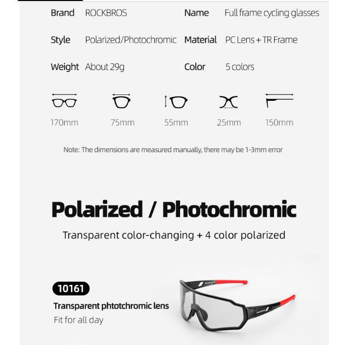 Kính ROCKBROS Đi Xe Đạp Phân Cực Với Tròng Kính Photochromic Chống Gió Chống Bụi UV400 Cho Nam Và Nữ (1 size )