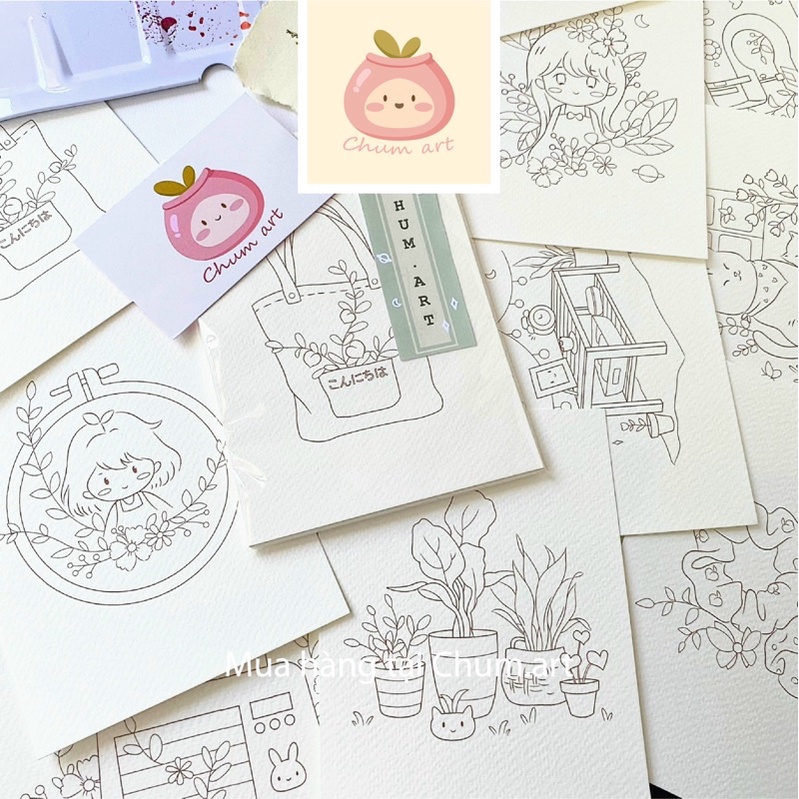 Bộ 10 line art tô màu ,tranh tô màu dễ thương sáng tạo, xả stress của Chum