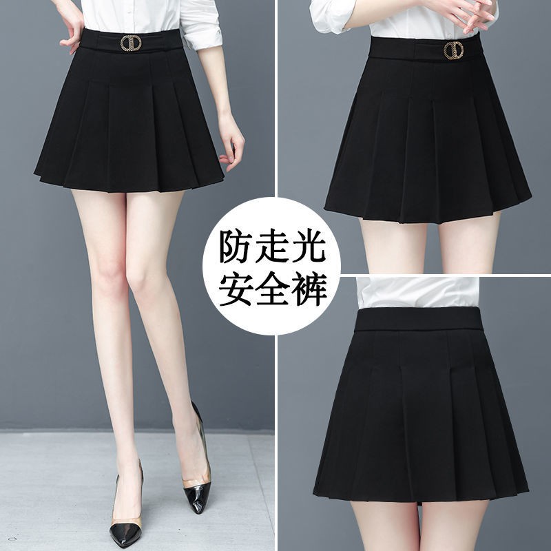 Váy xếp ly nhỏ màu đen của phụ nữ dệt kim mùa xuân 2021 mới cạp cao chống chói Quần culottes chữ A ngắn