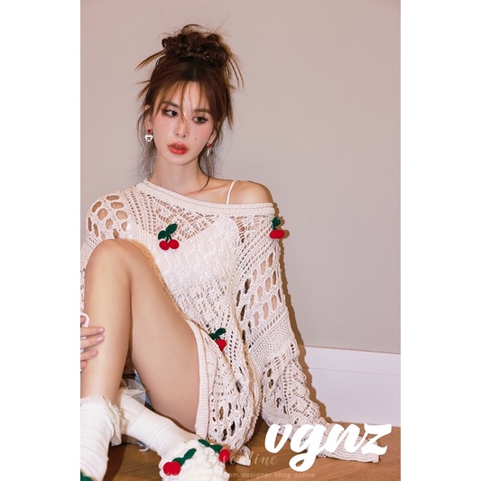 áo len lưới dệt kim oversize mix quả cherry (A1100#)