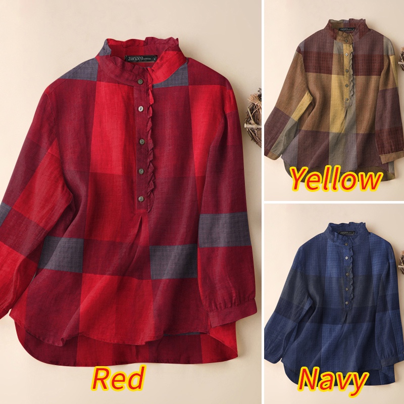 Áo kiểu Zanzea tay dài cổ tròn họa tiết kẻ sọc caro phong cách vintage dành cho nữ