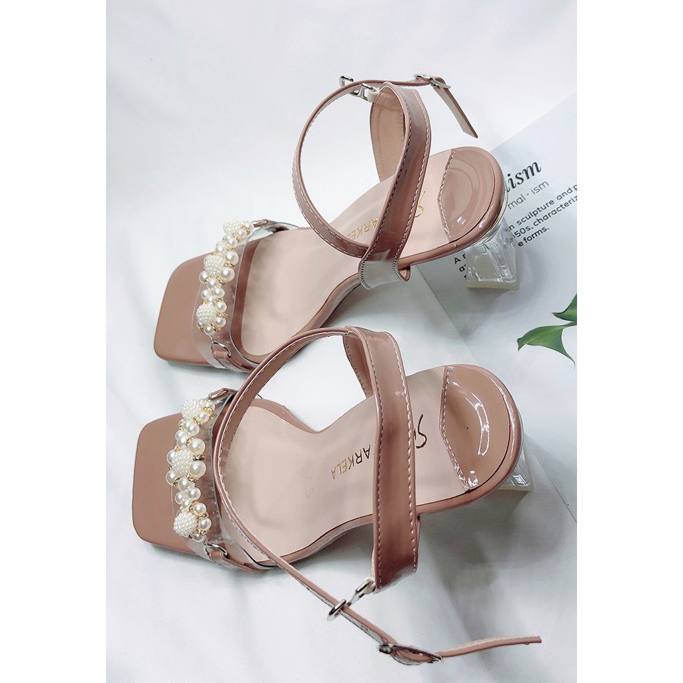 Giày Cao Gót Nữ Sandal Nữ Mê Mặt Ca Đính Hoa Đá Gót Vuông Cao 7cm Phù Hợp Đi Làm/ Đi Chơi