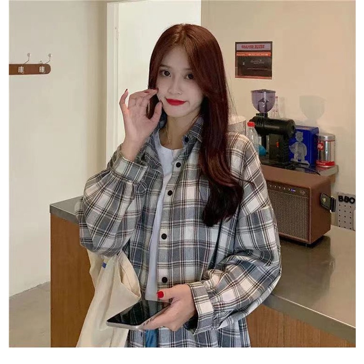 Áo sơ mi SUXI họa tiết caro dáng rộng phong cách Hàn Quốc thời trang dành cho nữ