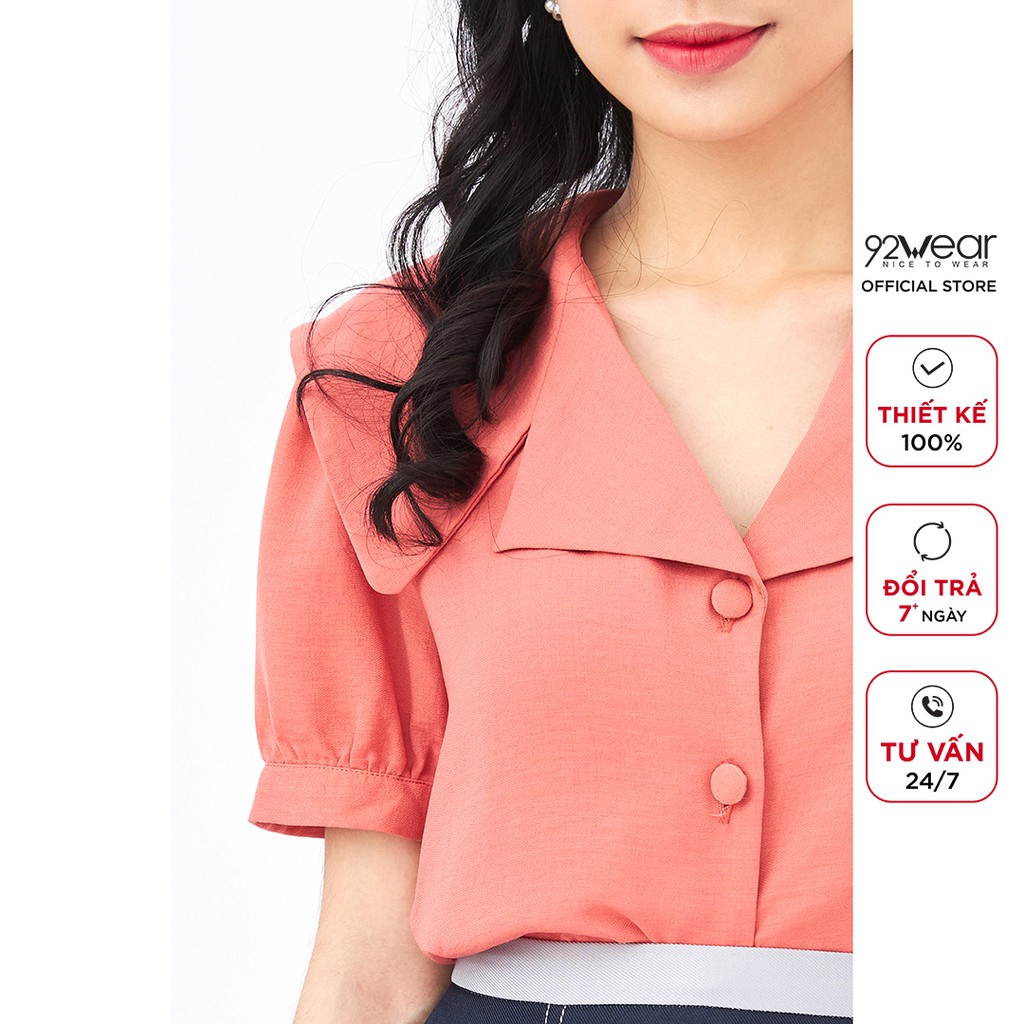 Áo sơ mi nữ công sở 92WEAR (2 MÀU) đủ size, ngắn tay cổ 2 Ve ASW0808