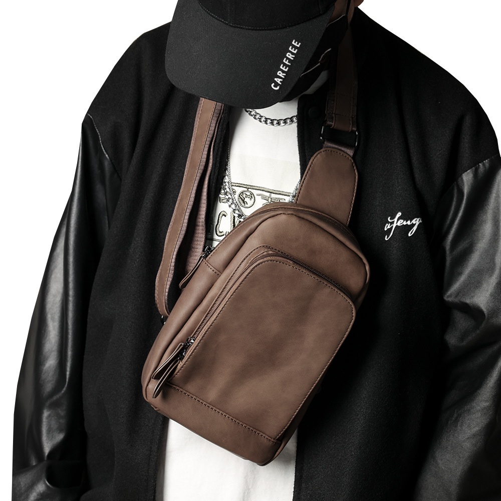 Túi đẹo ngực retro nam nữ đeo vai 1 bên da xịn bao tử dày dặn nhiều ngăn đằng trước Mina