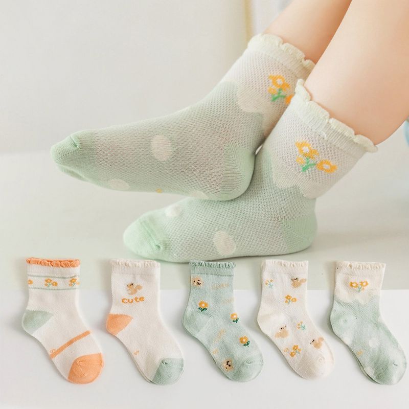 Bộ 5 Đôi Vớ Cotton Mỏng Phối Lưới Thoáng Khí Dành Cho Bé
