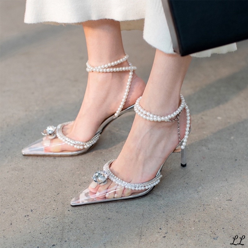 HÀNG HOT - Giày Cao Gót Mica Quai Ngọc Mũi Nhọn Lên Dáng Siêu Tiểu Thư Hàng Quảng Châu Loại 1