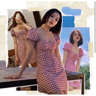 Đầm Caro Đỏ Rút Dây Ngực