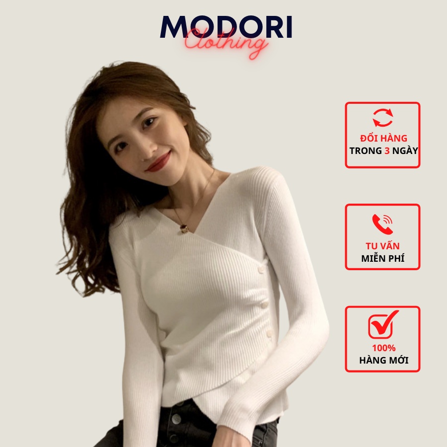 Áo len mỏng body Quảng Châu cổ chữ V thu đông đính cúc eo 3 màu đẹp