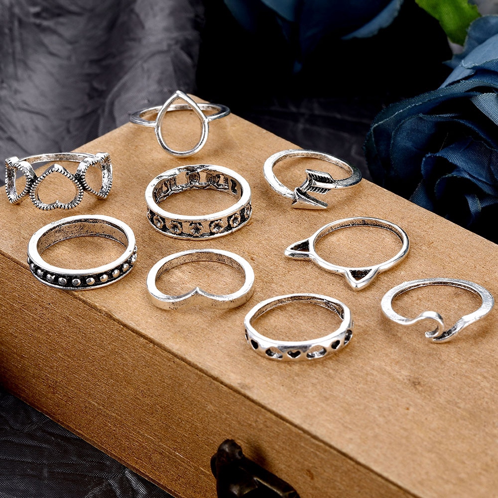 Set Nhẫn Đeo Tay Kim Loại Phong Cách Vintage Cho Nữ