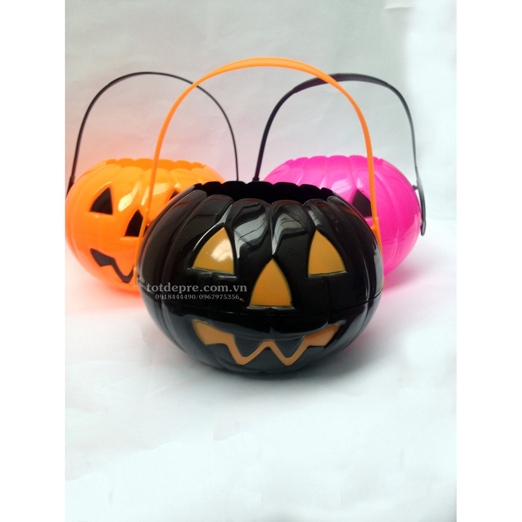 Giỏ bí ngô xin kẹo Halloween to - Đèn bí ngô cỡ lớn 18cm - Bí ghép 2 mảnh