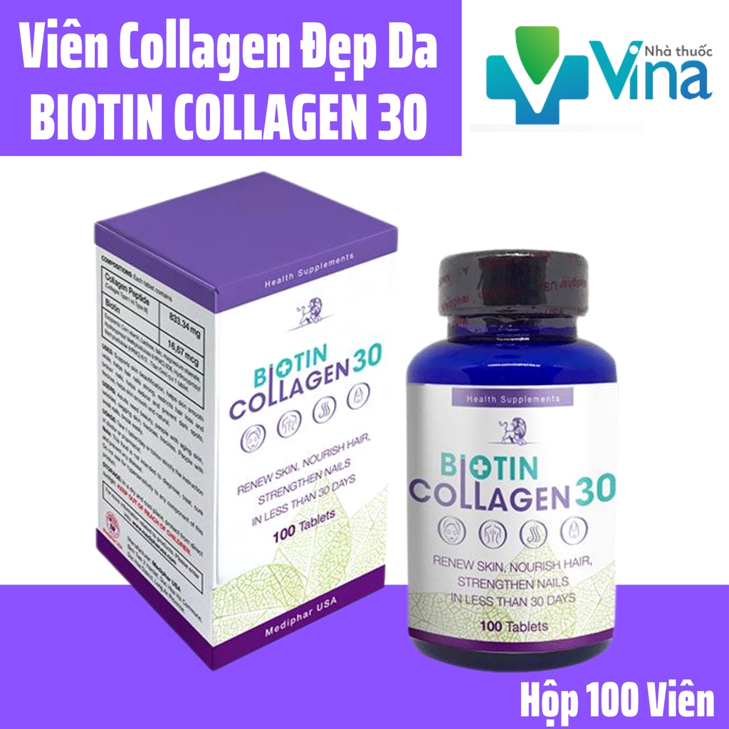 Biotin Collagen 30 - Viên uống đẹp da, hỗ trợ mọc tóc Mediphar USA sản xuất chuẩn GMP - Hộp 100 viên nén