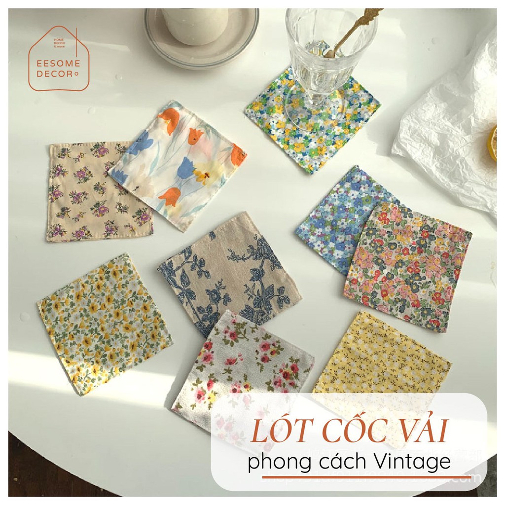 Lót cốc vải in thêu hoa nhí handmade phong cách vintage Hàn quốc độc đáo dễ dàng vệ sinh