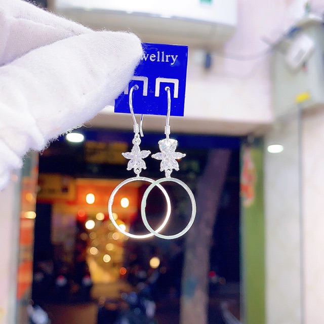 Khuyên tai móc hoa hình tròn bạc ta dài dự tiệc