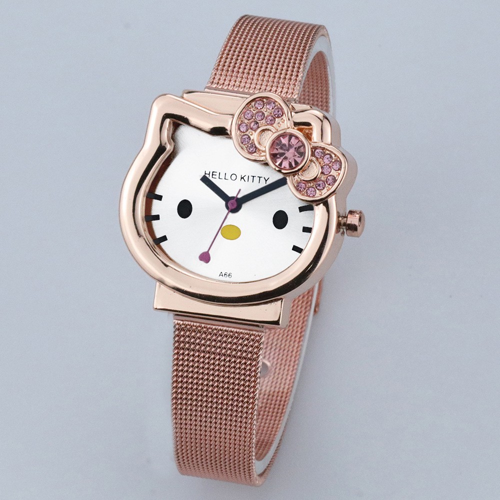 Đồng hồ đeo tay cho bé gái PINK038 [FREESHIP] Pink Xinh Decor Hello Kitty đủ màu trắng xanh hồng đỏ đen