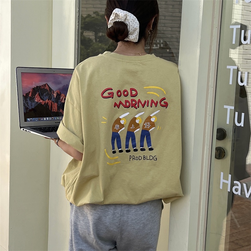 Áo thun XIAOZHAINV tay ngắn cổ tròn dáng rộng in họa tiết thời trang mùa hè cho nữ