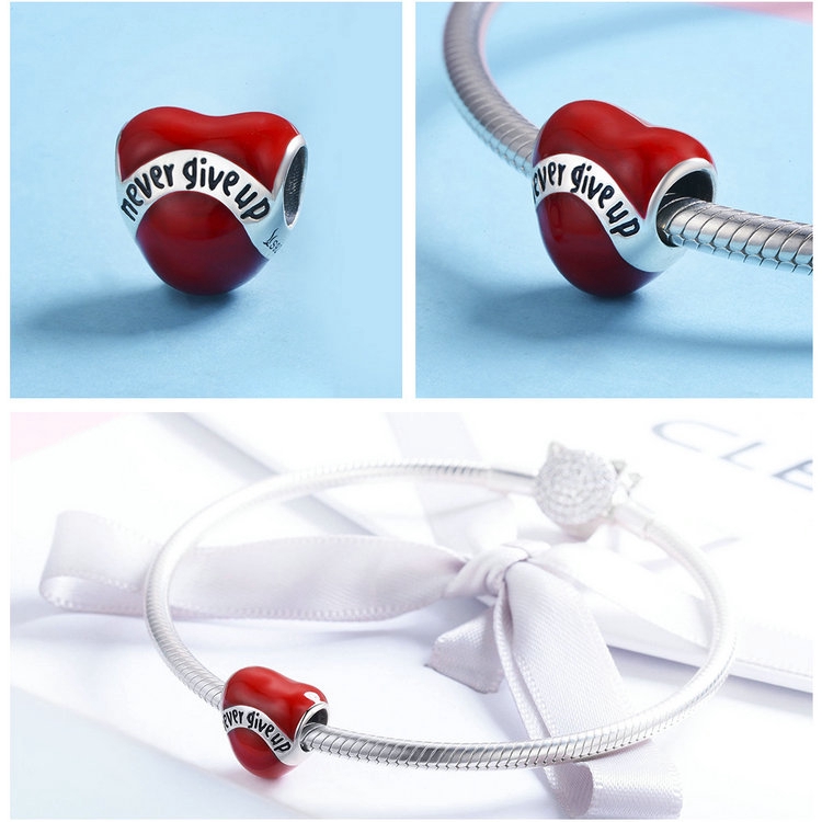 Hạt Xỏ Trang Sức Bamoer Hình Trái Tim Khắc Chữ Never Give Up Thời Trang