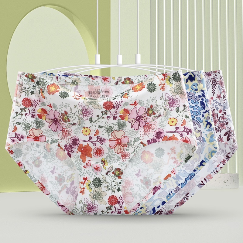 Quần Lót Lụa Lạnh Không Đường May Lưng Vừa Size Lớn In Họa Tiết Phong Cách Mới Dành Cho Nữ Sinh