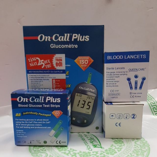 Máy đo đường huyết On Call Plus gồm 25 que thử +100 kim lấy máu +100 cồn khô sát khuẩn