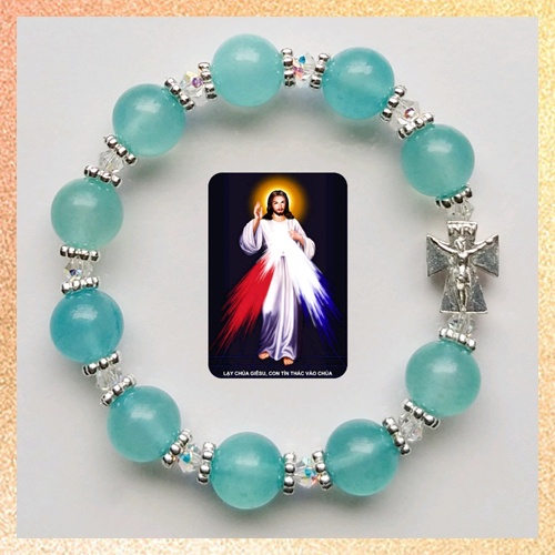 Chuỗi Mân Côi Đá Aquamarine Xanh Biển Hoa Xi Bạch Kim Thánh Giá Bạc