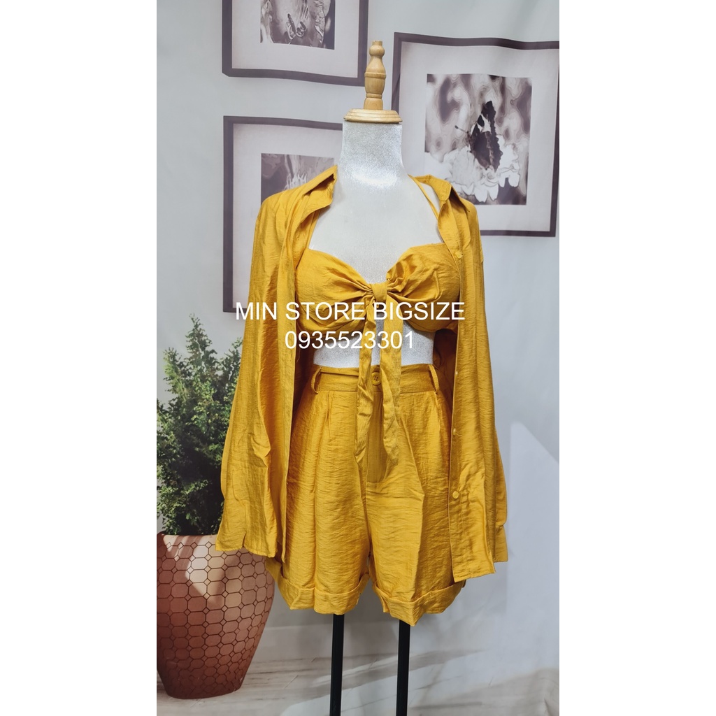 BIGSIZE Set áo 2S nơ SET452 set đi biển BIKINI vải đũi xược  🌈Màu sắc: nude - vàng msbigsize cân nặng 55kg đến 95kg