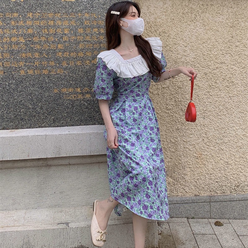 Đầm Hoa Cổ Vuông Tay Phồng Thời Trang Mùa Hè Pháp Kiểu Mới 2022