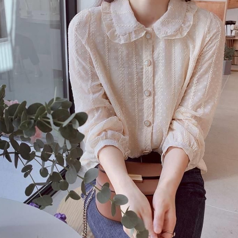 Áo Sơ Mi chiffon Tay Dài Cổ Búp Bê Phong Cách Hàn Quốc