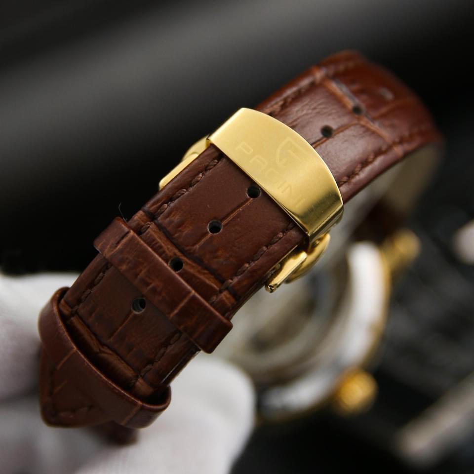 Đồng hồ cơ nam dây da máy tự động automatic Pagini PA1851 lộ máy mặt vàng đính thời trang đẳng cấp sang trọng.