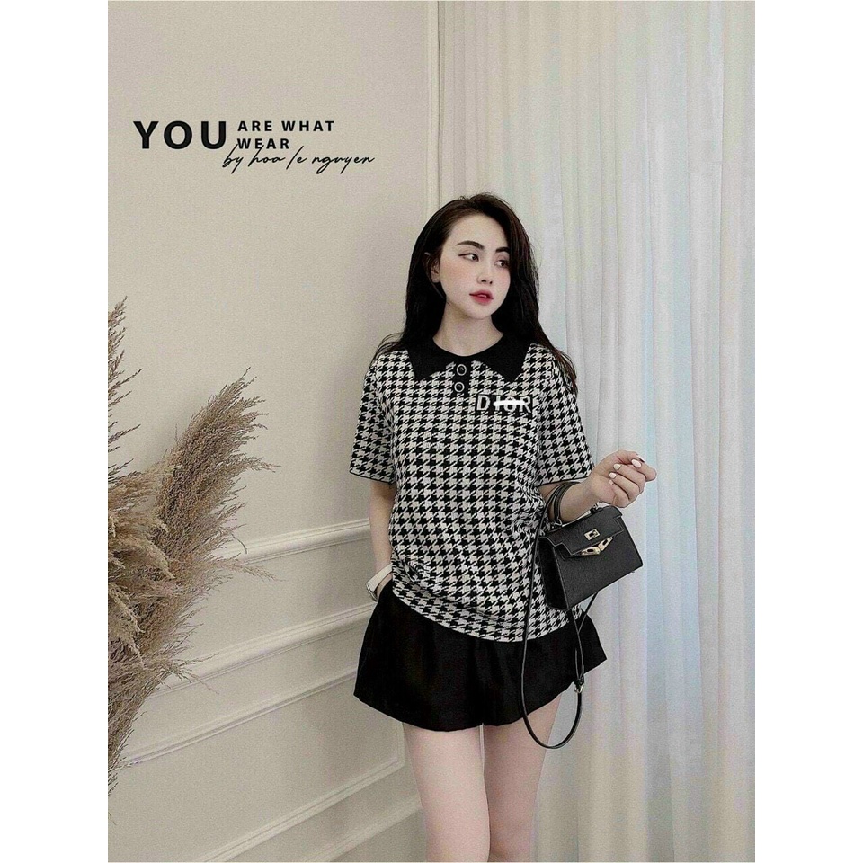 Sét bộ nữ áo thun sọc caro tay ngắn cổ bẻ phối nút mix quần đùi ống rộng cá tính, xinh xắn cho nàng đi chơi, dạo phố
