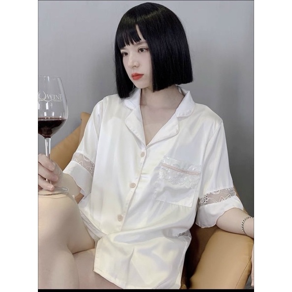BỘ LỤA PIJAMA TRẮNG PHỐI REN CAO CẤP XINH