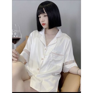 Bộ lụa pijama trắng phối ren cao cấp xinh