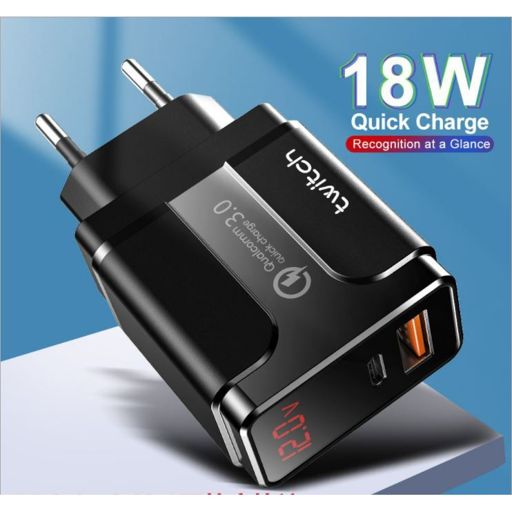 Củ sạc Twitch cổng PD và Usb Qc3.0 chất lượng cao có màn led hiển thị dòng