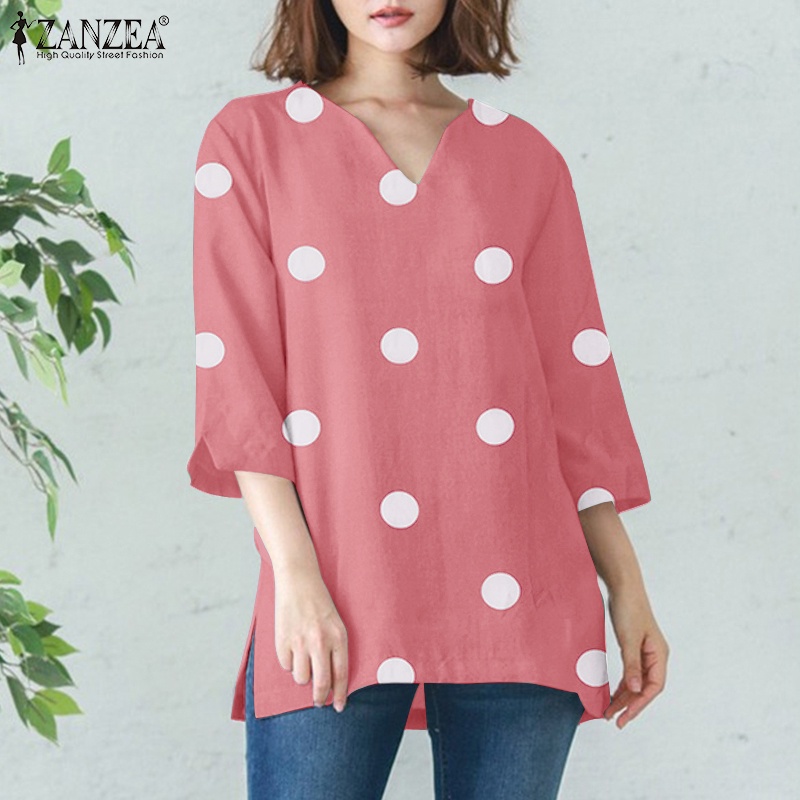 ZANZEA Áo Nữ Tay 3 / 4 Cổ Chữ V Họa Tiết Chấm Bi Thời Trang