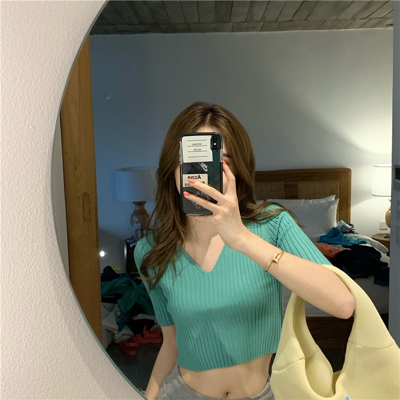 Xiaozhainv Áo thun tay ngắn cổ chữ V màu trơn ôm dáng sành điệu | BigBuy360 - bigbuy360.vn