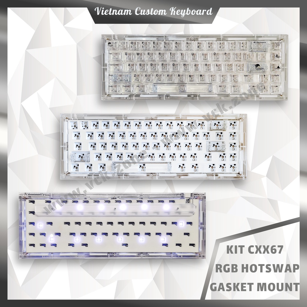 Custom KIT CXX67 Trong Suốt | Mạch Xuôi Gasket Full Foam RGB Hotswap Case Acrylic | Gateron Akko Cherry KTT | VCK